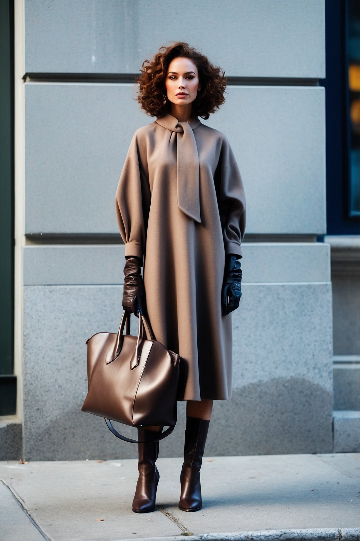 Tribeca Tie Neck Dress in Beige